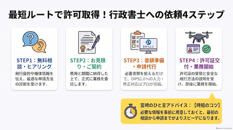 行政書士へのドローン許可申請4ステップの図解