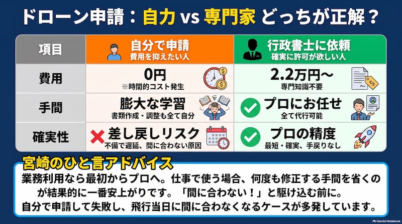 ドローン申請の自力・専門家比較の図解