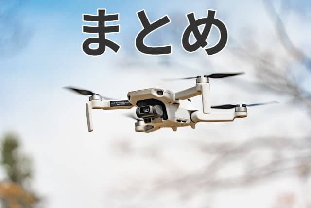 飛行するドローンと「まとめ」の文字